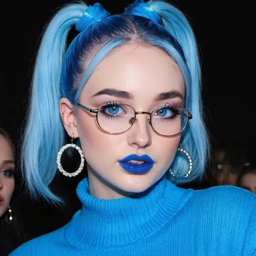 Prompt: Kim Petras, blue hair, with bun, blue eyes and glasses, blue lipstick, blue sweater, blue eyeshadow, blue makeup, blue halo earrings. 