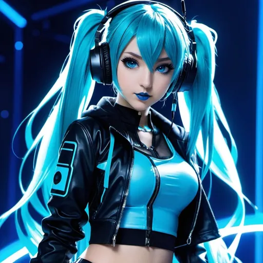 Prompt: Cyber goth hatsune miku, electronic dance, full body view, blue lipstick, blue eyes, blue eyeshadow, blue crop top, blue jacket, blue nails, blue hair, blue headphones, blue microphone, blue speakers, blue lights shining