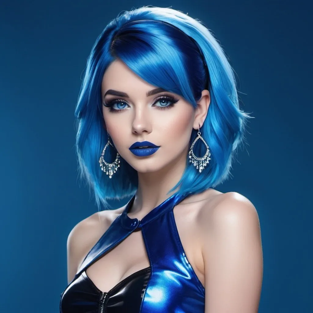 Prompt: Female emo blue woman, blue hair, blue lipstick, glossy lips, blue eyes, blue eyeshadow, blue makeup, blue nails, blue halo earrings, realistic, detailed, full body view, media studio background.