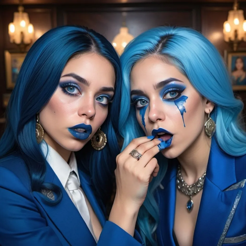 Prompt: a picture of 2 hispanic women with long blue hair, posing together large blue eyes wearing blue suits, blue eyeshadow, and blue lipstick coughing at the camera, blue makeup, jewerly on hands, Artgerm, fantasy art, realistic shaded perfect blue face, a detailed painting, Obey screens background, 30 years old, blue lipstick 