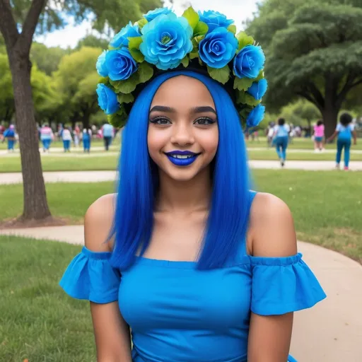 Prompt: Afro-latina, 14 year old girls at a park, blue hair, blue lipstick, blue eyes, blue makeup, blue clothes, blue flower hats. Happy face.