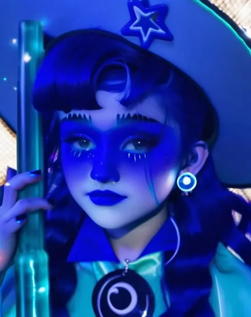 Prompt: 14 year old girl, outside moon behind her, blue lipstick, blue hair, Puffy face, long ice nails, Spiral earrings, dark blue plastic dress, blue Star Patch, glowing pencil.  