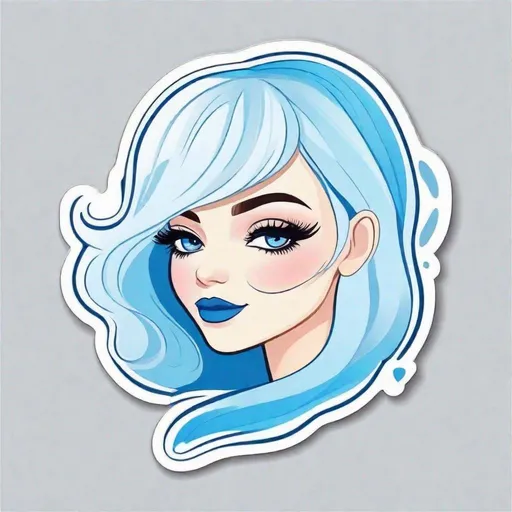 Prompt: Die-cut sticker, Cute kawaii lady with blue  eyes, flowing blue hair, smiling lips with blue lipstick, blue outfit, blue makeup, blue eyeshadow, sticker, white background, illustration minimalism, vector, pastel colors
