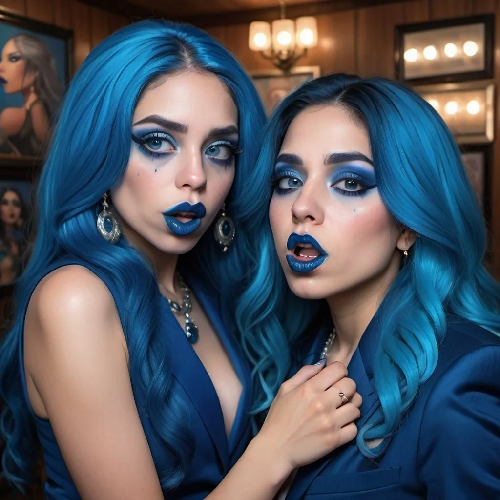 Prompt: a picture of 2 hispanic women with long blue hair, posing together large blue eyes wearing blue suits, blue eyeshadow, and blue lipstick coughing at the camera, blue makeup, jewerly on hands, Artgerm, fantasy art, realistic shaded perfect blue face, a detailed painting, Obey screens background, 30 years old, blue lipstick 