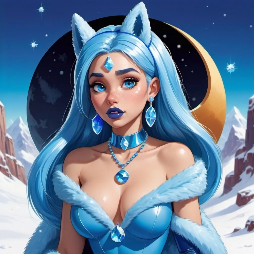 Prompt: kim possible, Heavy snow, Giant Blue Orb in Sky, Long Straight Blue hair, Ice crystal tiara, Thick bushy blue eyebrows, medium sized nose, plump diamond shape face,  Blue lipstick, ethereal blue eyes, Triangle Star earrings, soft ears, Large blue plastic chain around neck, Blue heart necklaces, blue candy shaped rings, Large blue fur coat with blue plastic gloves. Long Blue Skirt with moons. Plump chest