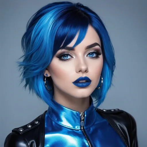Prompt: Female emo blue woman, blue hair, blue lipstick, glossy lips, blue eyes, blue eyeshadow, blue makeup, blue nails. realistic, detailed, full body view, media behind