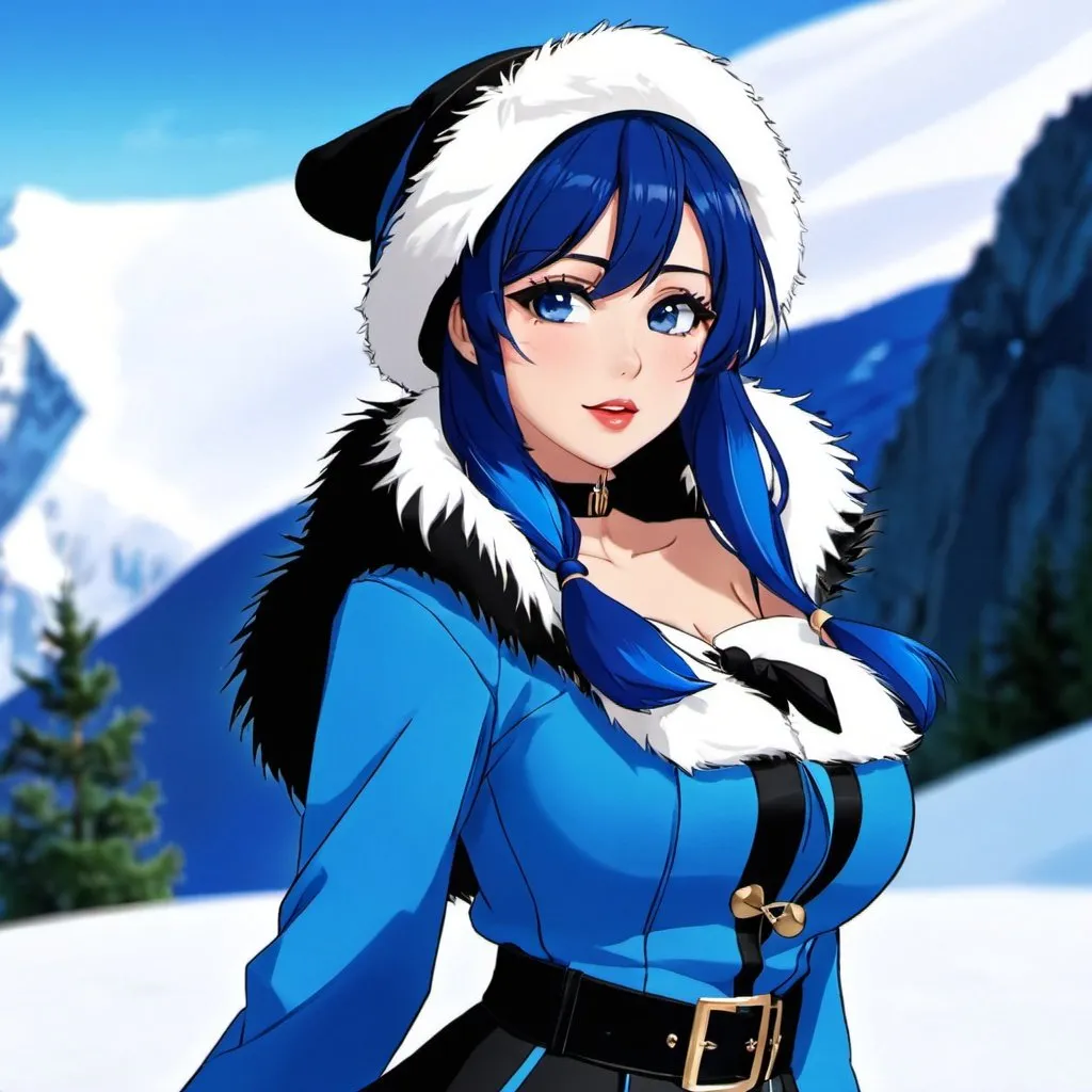 Prompt: score_9,score_8_up,score_7_up,score_6_up,source anime,1girl,solo,standing,off shoulder, arctic coat ,long sleeves, alpine rustic, blue fur hat, gradient hair, blue hair, dark blue tips, medium hair, blue gradient eyes, blue lipstick, blue makeup ,smirk, mountain climber, shot ,bangs, closed mouth, luxury outfit gadgetry,(thick blue eyebrows:0.6), mountain range background