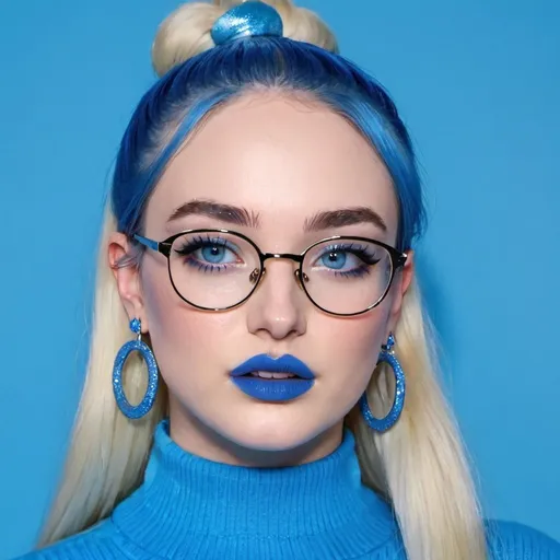 Prompt: Kim Petras, blue hair, with bun, blue eyes and glasses, blue lipstick, blue sweater, blue eyeshadow, blue makeup, blue halo earrings. 