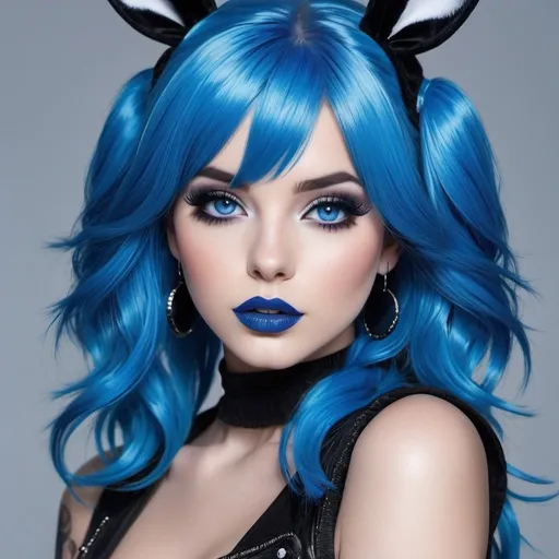 Prompt: Female emo blue bunny, blue hair, blue lipstick, glossy lips, blue eyes, blue eyeshadow, blue makeup, blue nails. realistic, detailed, full body view