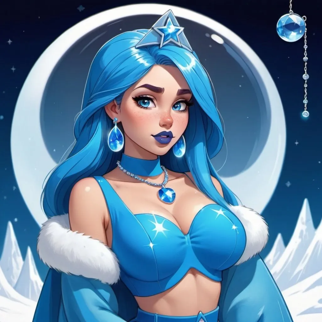 Prompt: kim possible, Heavy snow, Giant Blue Orb in Sky, Long Straight Blue hair, Ice crystal tiara, Thick bushy blue eyebrows, medium sized nose, plump diamond shape face,  Blue lipstick, ethereal blue eyes, Triangle Star earrings, soft ears, Large blue plastic chain around neck, Blue heart necklaces, blue candy shaped rings, Large blue fur coat with blue plastic gloves. Long Blue Skirt with moons. Plump chest