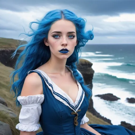 Prompt: A woman, blue hair, blue lipstick, blue 1700s dress, blue eyes, blue eyeshadow, blue face faint, sketch, Irish Sailor, on canvas, blue nails, stormy sky, eroded coastline, windy.