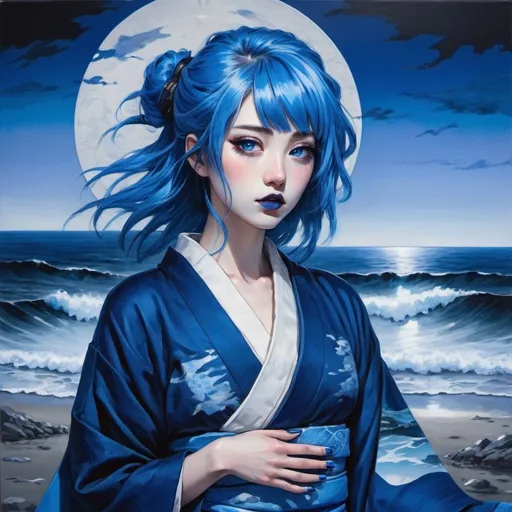 Prompt: A woman, blue hair, blue lipstick, blue kimono, blue eyes, blue eyeshadow, blue face faint, sketch, Japanese legend, on canvas, blue nails, dark blue eclipse sky, icy shore, shipwrecks in distance.