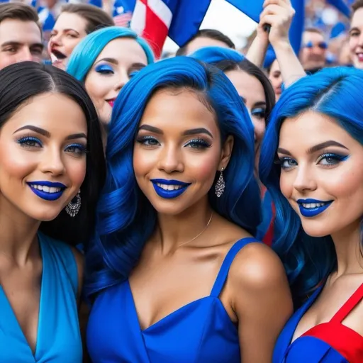 Prompt: 5 ladies with blue  eyes, flowing blue hair, smiling lips with blue lipstick, blue dresses, blue makeup, blue eyeshadow. At political rally