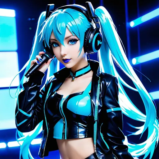 Prompt: Cyber goth hatsune miku, electronic dance, full body view, blue lipstick, blue eyes, blue eyeshadow, blue crop top, blue jacket, blue nails, blue hair, blue headphones, blue microphone, blue speakers, blue lights shining