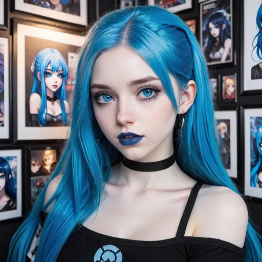 Prompt: Close-up portrait of a cute girl with long blue hair, pale skin, and modern style, blue lipstick, and blue eyes, blue makeup, blue eyeshadow, blue nails, 
surrounded by anime posters in a gamer room, highres, detailed, gothic, anime, blue hair, pale skin, blue lipstick, blue eyes, gamer room, anime posters, cute, modern style