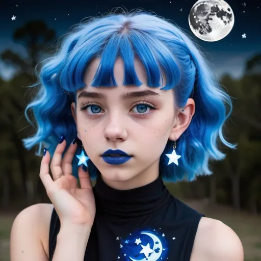 Prompt: 14 year old girl, outside moon behind her, blue lipstick, blue hair, Puffy face, long ice nails, Spiral earrings, dark blue plastic dress, blue Star Patch, glowing pencil.  