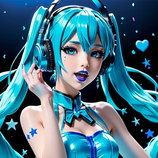 Prompt: 2020s, hatsune miku as a female popstar wearing a blue headphones, holding blue microphone, aqua blue lipstick, glossy and sparkling lips, blue makeup including blue eyeshadow and blue blush, dark blue hair, blue eyebrows, blue eyes, colourised, blue plastic gown, full body shot, anime, drawing, blue hearts and stars, singing.