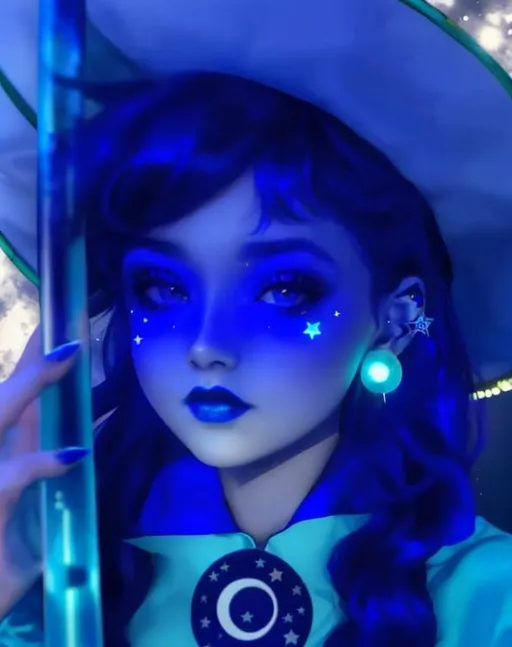 Prompt: 14 year old girl, outside moon behind her, blue lipstick, blue hair, Puffy face, long ice nails, Spiral earrings, dark blue plastic dress, blue Star Patch, glowing pencil.  