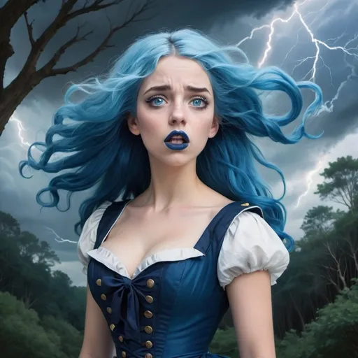 Prompt: A woman, blue hair, blue lipstick, blue 1700s dress, blue eyes, blue eyeshadow, blue face faint, sketch, Irish Sailor, on canvas, blue nails, thunderstorm sky, deciduous forest, windy, terrified