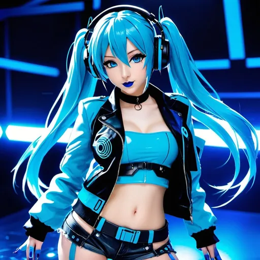 Prompt: Cyber goth hatsune miku, electronic dance, full body view, blue lipstick, blue eyes, blue eyeshadow, blue crop top, blue jacket, blue nails, blue hair, blue headphones, blue microphone, blue speakers, blue lights shining