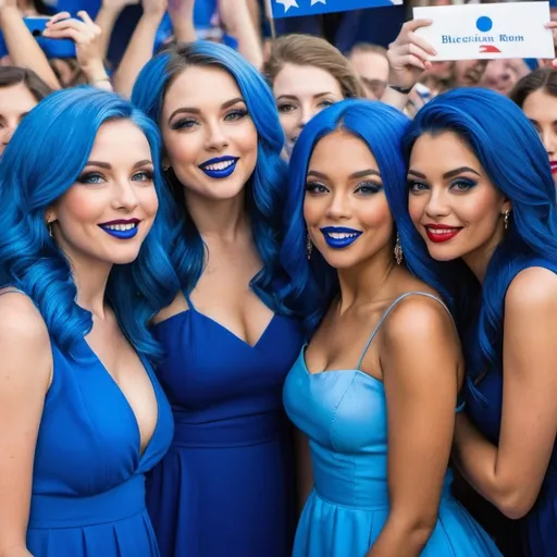 Prompt: 5 ladies with blue  eyes, flowing blue hair, smiling lips with blue lipstick, blue dresses, blue makeup, blue eyeshadow. At political rally