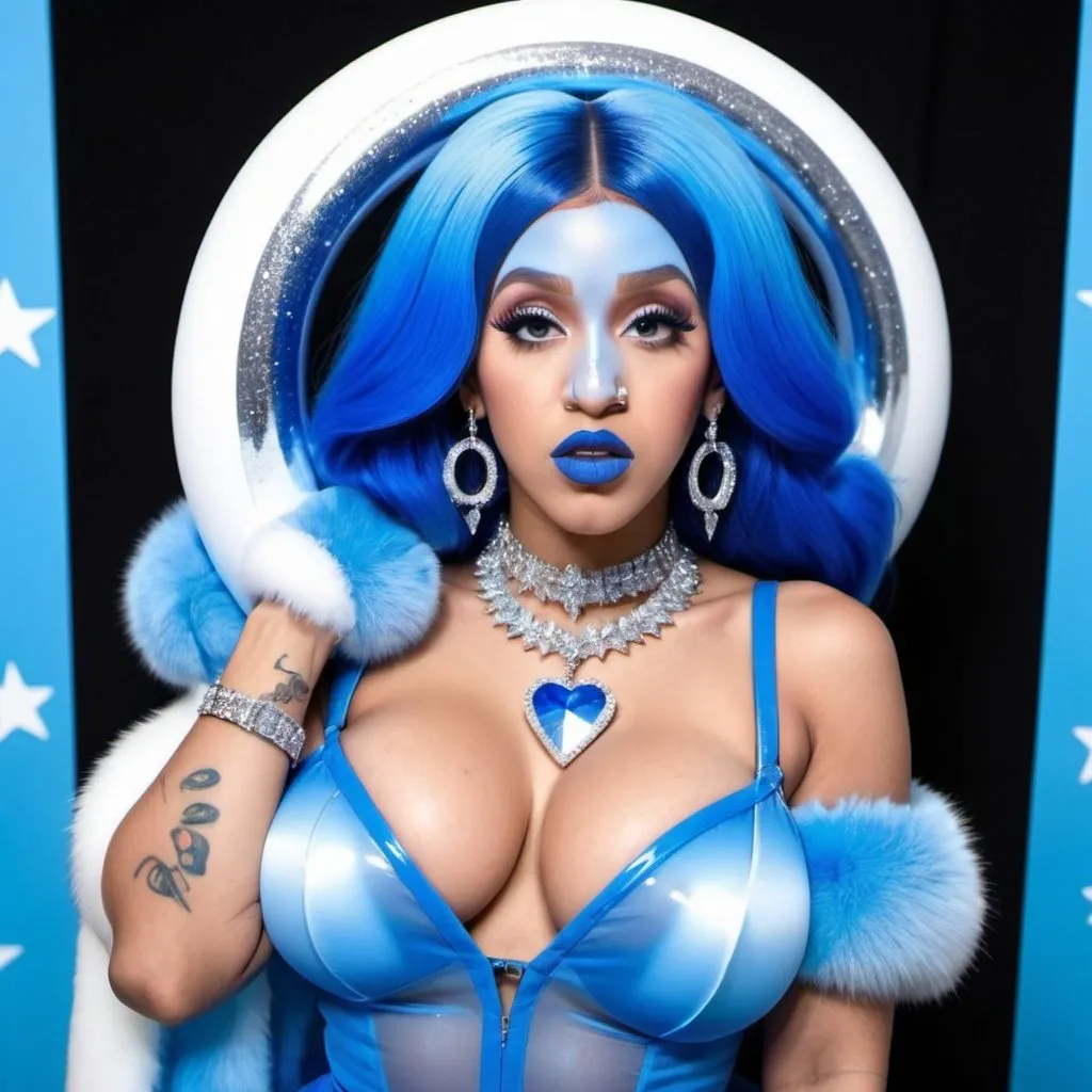 Prompt: Cardi B, Heavy snow, Giant Blue Orb in Sky, Long Straight Blue hair, Ice crystal tiara, Thick bushy blue eyebrows, medium sized nose, plump diamond shape face,  Blue lipstick, ethereal blue eyes, Triangle Star earrings, soft ears, Large blue plastic chain around neck, Blue heart necklaces, blue candy shaped rings, Large blue fur coat with blue plastic gloves. Long Blue Skirt with moons. Plump chest