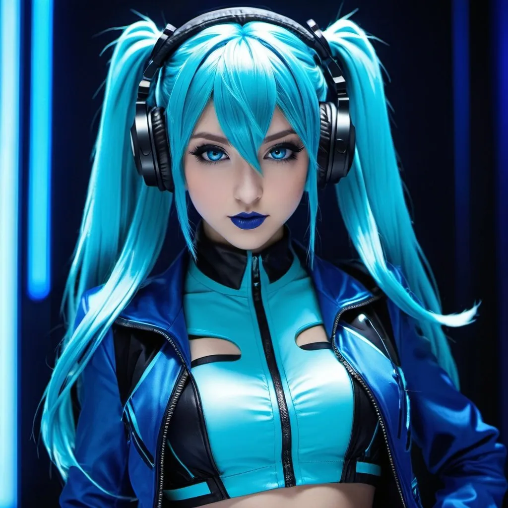 Prompt: Cyber goth hatsune miku, electronic dance, full body view, blue lipstick, blue eyes, blue eyeshadow, blue crop top, blue jacket, blue nails, blue hair, blue headphones, blue microphone, blue speakers, blue lights shining