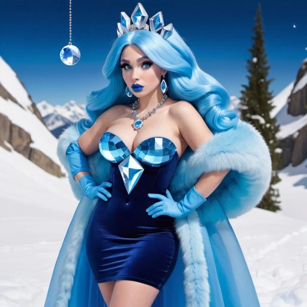 Prompt: kim possible, Heavy snow, Giant Blue Orb in Sky, Long Straight Blue hair, Ice crystal tiara, Thick bushy blue eyebrows, medium sized nose, plump diamond shape face,  Blue lipstick, ethereal blue eyes, Triangle Star earrings, soft ears, Large blue plastic chain around neck, Blue heart necklaces, blue candy shaped rings, Large blue fur coat with blue plastic gloves. Long Blue Skirt with moons. Plump chest