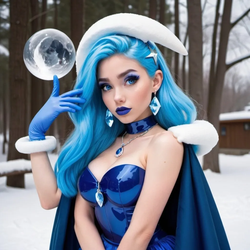 Prompt: kim possible, Heavy snow, Giant Blue Orb in Sky, Long Straight Blue hair, Ice crystal tiara, Thick bushy blue eyebrows, medium sized nose, plump diamond shape face,  Blue lipstick, ethereal blue eyes, Triangle Star earrings, soft ears, Large blue plastic chain around neck, Blue heart necklaces, blue candy shaped rings, Large blue fur coat with blue plastic gloves. Long Blue Skirt with moons.