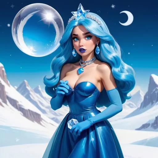 Prompt: kim possible, Heavy snow, Giant Blue Orb in Sky, Long Straight Blue hair, Ice crystal tiara, Thick bushy blue eyebrows, medium sized nose, plump diamond shape face,  Blue lipstick, ethereal blue eyes, Triangle Star earrings, soft ears, Large blue plastic chain around neck, Blue heart necklaces, blue candy shaped rings, Large blue fur coat with blue plastic gloves. Long Blue Skirt with moons. Plump chest