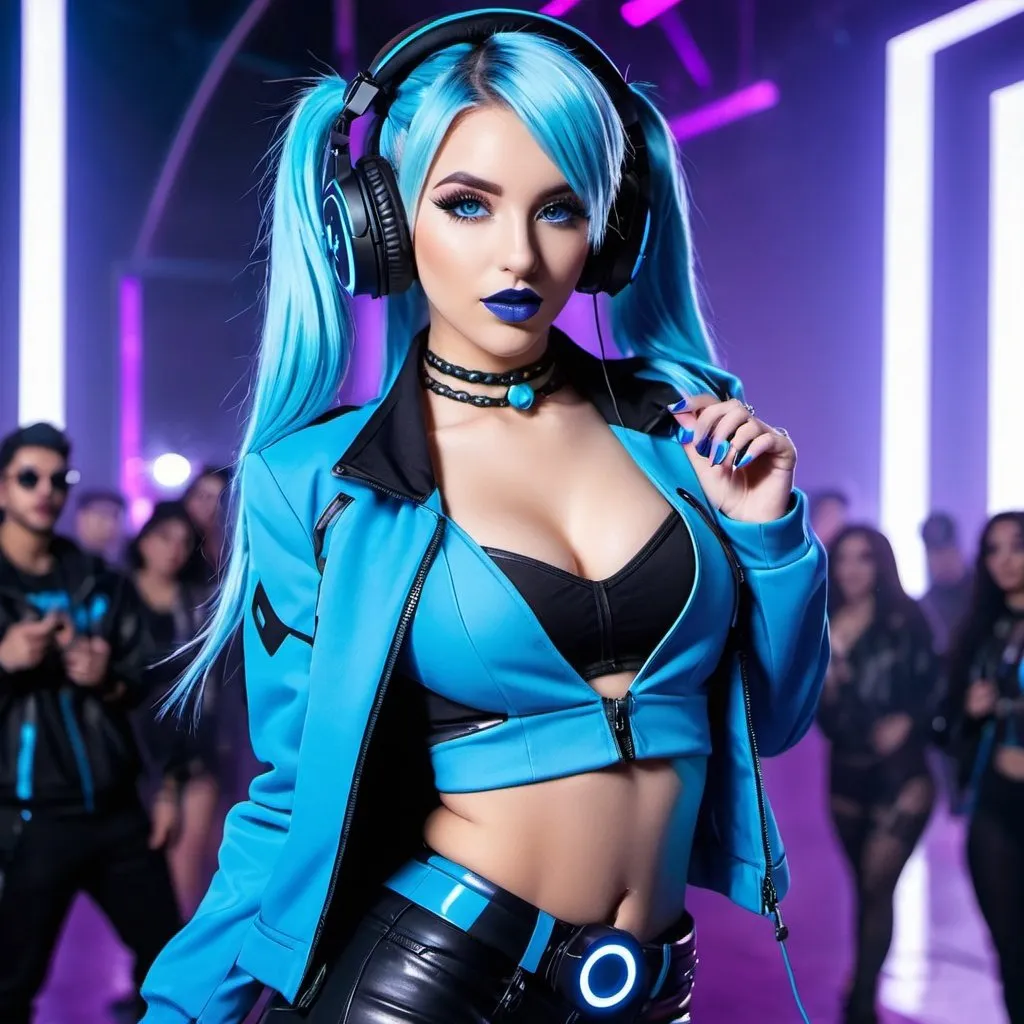 Prompt: Cyber goth KDA, electronic dance, full body view, blue lipstick, blue eyes, blue eyeshadow, blue crop top, blue jacket, blue nails, blue hair, blue headphones, blue microphone, blue speakers, blue lights shining