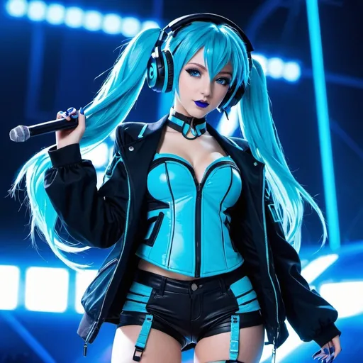 Prompt: Cyber goth hatsune miku, electronic dance, full body view, blue lipstick, blue eyes, blue eyeshadow, blue crop top, blue jacket, blue nails, blue hair, blue headphones, blue microphone, blue speakers, blue lights shining