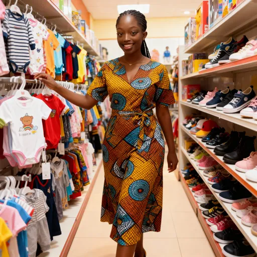 Prompt: Une belle femme africaine de teint brun souriante, habillée d'une robe africaine moderne en pagne, entre dans une boutique colorée remplie de vêtements enfants, beaucoup de grenouillère et bodysuite, ensemble bébé et chaussures.

Elle regarde la caméra avec enthousiasme et dit:

Bienvenue mes chics mamies ! Chez Le Style à Petit Prix, la mode, le sourire et les petits prix se rencontrent Des vêtements neufs et de qualité, pour prendre soin de nos mamies sans se vider les poches 

Elle marche pour entre les rayons effleuré des vêtements bébé grenouillère, bodysuite, barboteuse, chaussures sur cintre,avec des plans qui montre les produits.

Style visuel: éclairage naturel chaud, ambiance de boutique africaine moderne, Visuel cohérent avec la scène suivante.