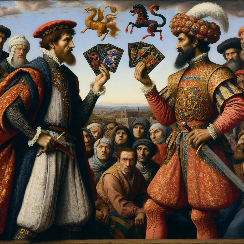 Prompt: 1500’s painting of two noblemen having a Pokémon duel