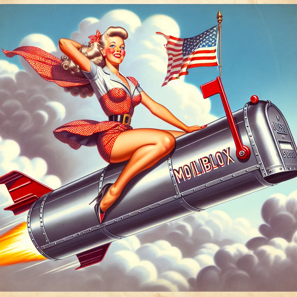 Prompt: 1950’s United States post office pinup girl riding mailbox rocket in sky