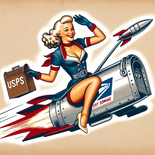 Prompt: 1940's USPS blonde pinup girl riding a mailbox rocket in a postcard style.