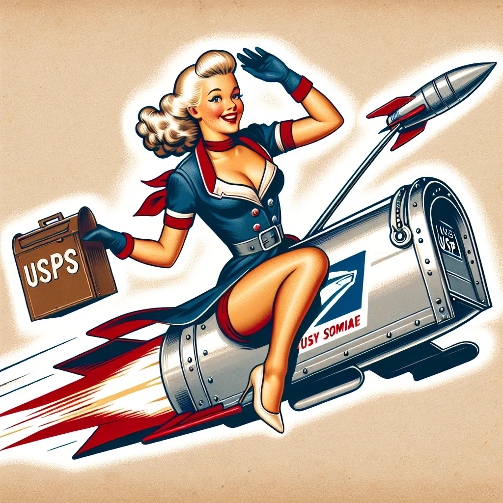 Prompt: 1940's USPS blonde pinup girl riding a mailbox rocket in a postcard style.