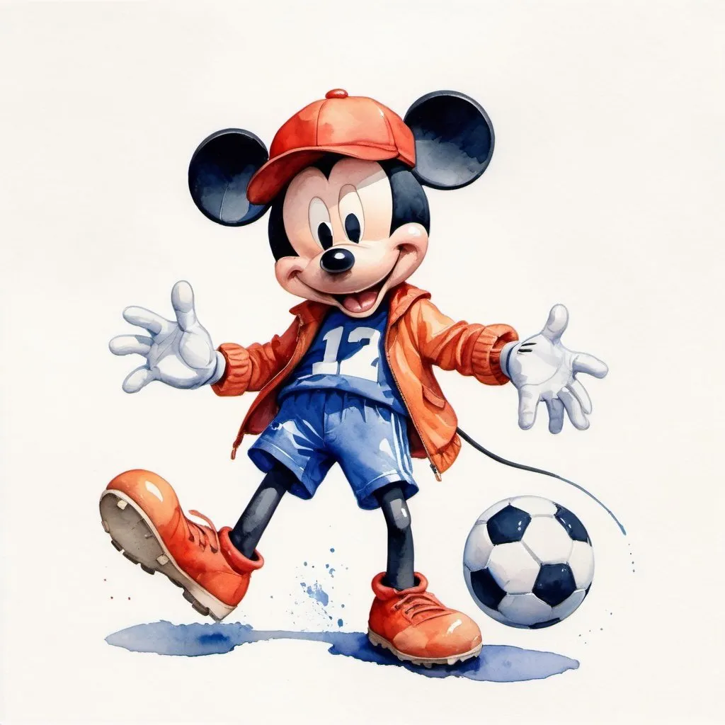 Prompt: a watercolor painting of mickey mouse playing soccer with red cap and blue shorts, orange jacket 