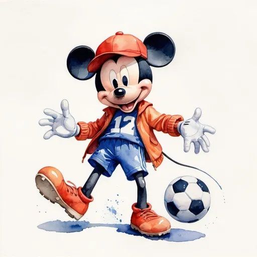 Prompt: a watercolor painting of mickey mouse playing soccer with red cap and blue shorts, orange jacket 