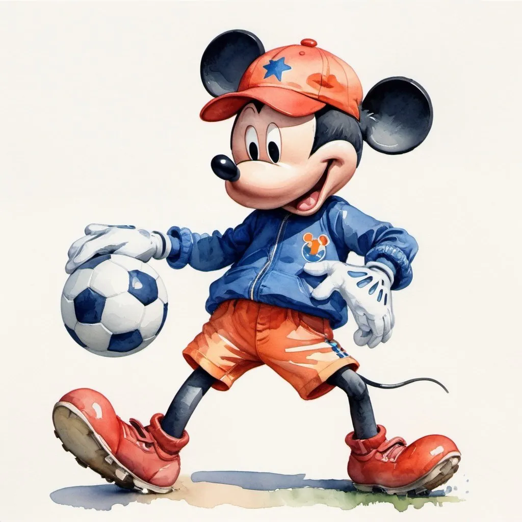 Prompt: a watercolor painting of mickey mouse playing soccer with red cap and blue shorts, orange jacket 