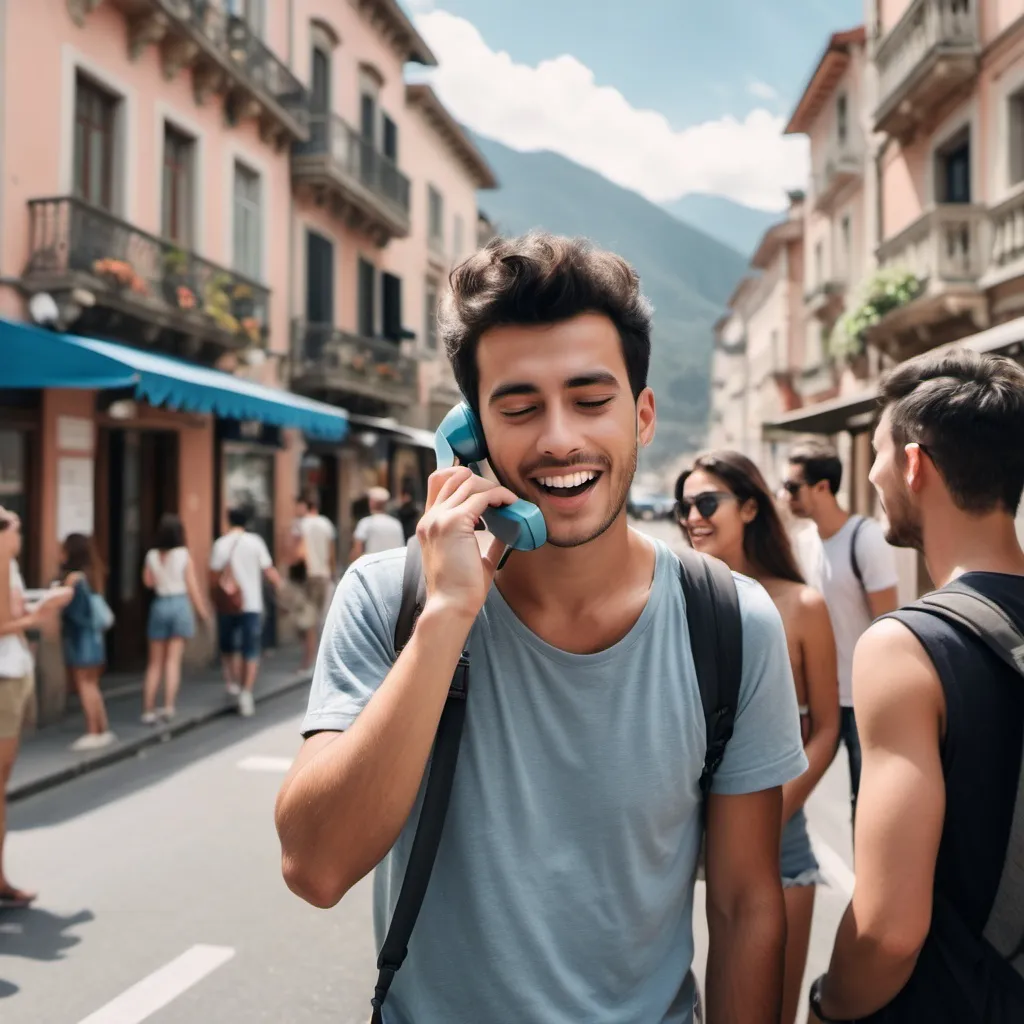 Prompt: person talking on the phone with his friends on the other side of the world while he is on vacaytation