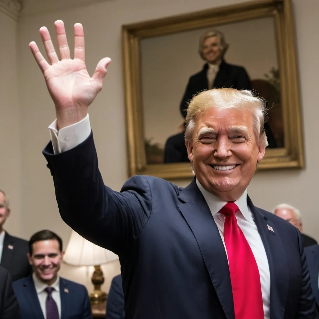 Prompt: President Donald Trump raising right hand and smiling