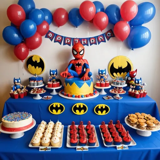 Prompt: Birthday party for 3 years old teams Spiderman, batman and sonic