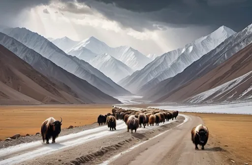 Prompt: Oil pant rustic landscape artwork of a (winding and broken dirt mountain road leading up to a snowy pass in Kyrgyzstan) in the Pamir Mountains, gargantuan (snow-capped peaks) framing the scene, mid-to-far-ground with a small (herd of woolly yaks). Near winter. Vibrant contrasts of the road, the yaks contrasting with rugged terrain, dynamic storm clouds , high depth illumination, (masterpiece) quality, evoking a sense of adventure and majesty and wildness