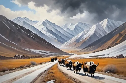 Prompt: Oil pant rustic landscape artwork of a (winding and broken dirt mountain road leading up to a snowy pass in Kyrgyzstan) in the Pamir Mountains, gargantuan (snow-capped peaks) framing the scene, mid-to-far-ground with a small (herd of woolly yaks walking up the pass). Near winter. Vibrant contrasts of the road, rough brush strokes, the yaks contrasting with rugged terrain, dynamic storm clouds , high depth illumination, (masterpiece) quality, evoking a sense of adventure and majesty and wildness