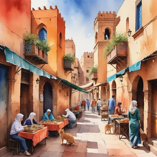 Prompt: (landscape watercolor artwork with a retro vibe), vibrant and narrow Marrakech street, bustling medina, dynamic colour contrasts from a range of mosaics, plants, food stalls. Include vibrant doors, warm hues of red and orange, splashes of cool blues and greens, intricate architecture that shows the history and and market stalls with olives, bread and cheese, street food, the dusty lively atmosphere with people interacting, including women and a cat, slightly rough brush strokes to create a more rustic artwork, high-quality HD, moody and evocative and inviting ambiance, rich cultural details. Provide in landscape and ensure the buildings showcase the 17th and 18th architecture and are slightly crumbling