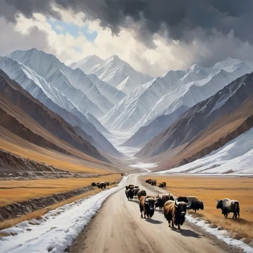 Prompt: Oil pant landscape artwork of a (winding dirt mountain road leading up to a snowy pass in Kyrgyzstan) in the Pamir Mountains, gargantuan (snow-capped peaks) framing the scene, mid-ground with a (herd of yaks). Near winter. Vibrant contrasts of the road, the yaks contrasting with rugged terrain, dynamic storm clouds , high depth illumination, (masterpiece) quality, evoking a sense of adventure and majesty and wildness