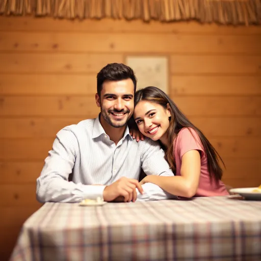 Prompt: In a warm, rustic setting characterized by wooden walls and a thatched ceiling, a young couple leans affectionately together at a table adorned with a checkered tablecloth. The man, wearing a light striped shirt, sports a slight grin, exuding a sense of comfort and ease, while the woman beside him, dressed in a pink top, rests her head against his shoulder with a contented smile. Their expressions radiate warmth and connection, capturing a moment of intimacy and happiness. The soft, ambient lighting adds a cozy glow to the scene, enhancing the sense of a private, cherished experience shared between the two. The overall atmosphere conveys a feeling of relaxation and joy.