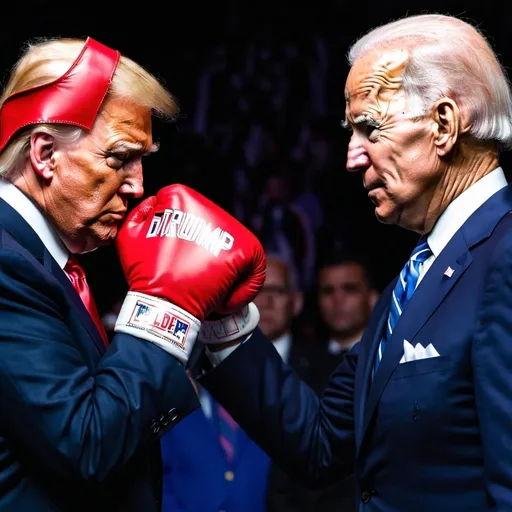 Prompt: Donald Trump and Joe Biden stare down like at a boxing promotion weigh in while they are both wearing boxing gloves 