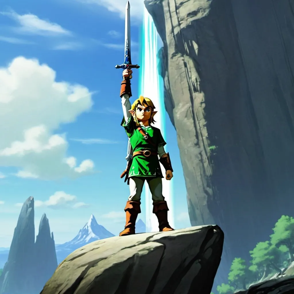 Prompt: Link holding aloft the master sword, Gannon slain at his feet, in front of Spectacle Rock 